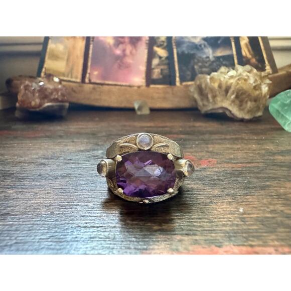 Purple Amethyst Ring Rainbow Moonstone Hand Made Carved Sterling Silver US 8.5 - Picture 3 of 10